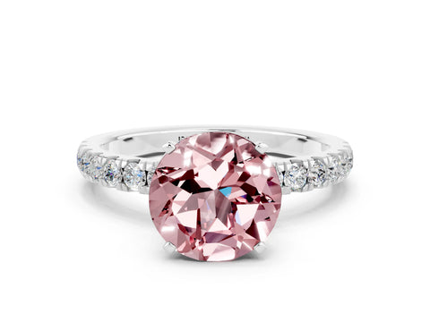 White gold Round Cut Morganite Solitaire Ring with Pavé Accents and Four-Prong Setting