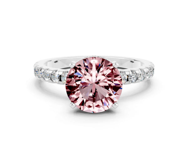 Platinum Round Cut Morganite Solitaire Ring with Round  Pavé Band and Four-Prong Setting