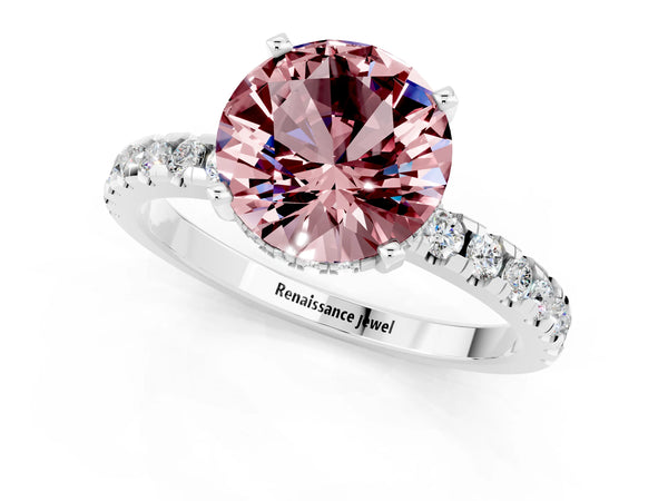 White gold Round Cut Morganite Solitaire Ring with Round  Pavé Band and Four-Prong Setting