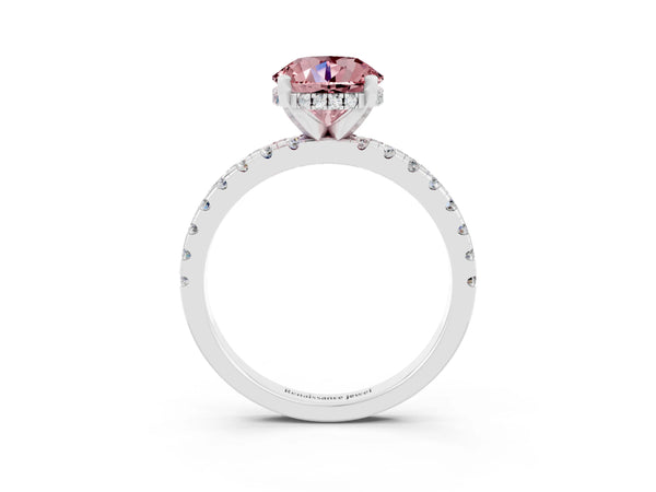 White gold Round Cut Morganite Solitaire Ring with Round  Pavé Band and Four-Prong Setting