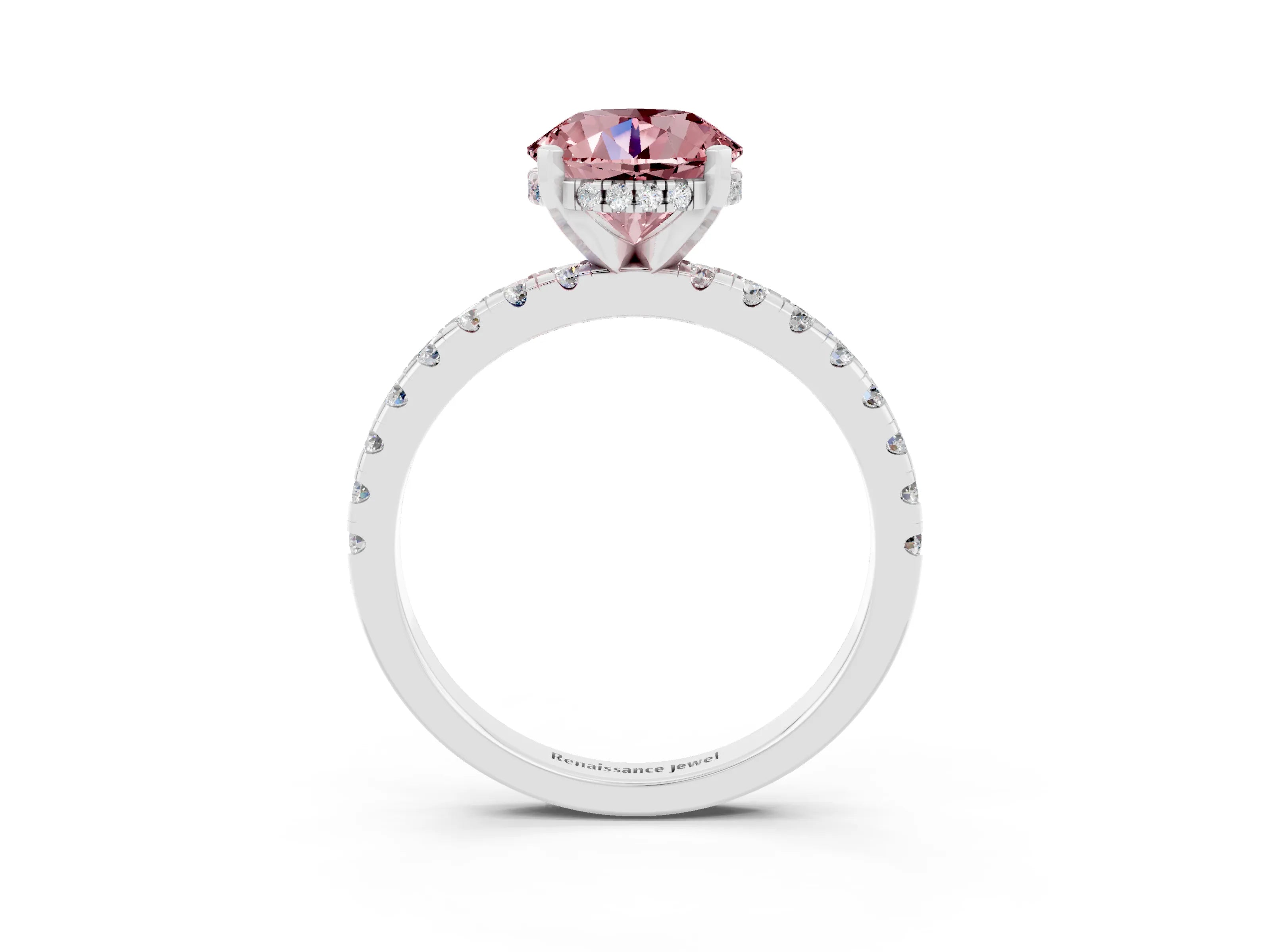 White gold Round Cut Morganite Solitaire Ring with Pavé Band and Four-Prong Setting_27