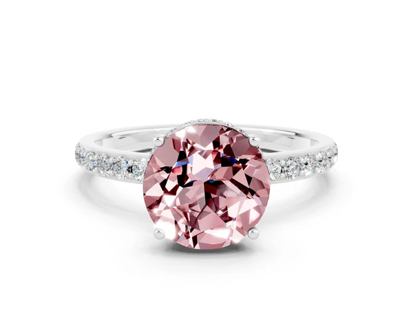Platinum Round Cut Morganite Solitaire Ring with Pavé Band and Hidden Halo