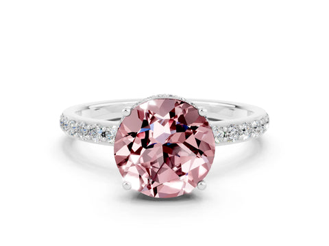 White gold Round Cut Morganite Solitaire Ring with Pavé Band and Hidden Halo