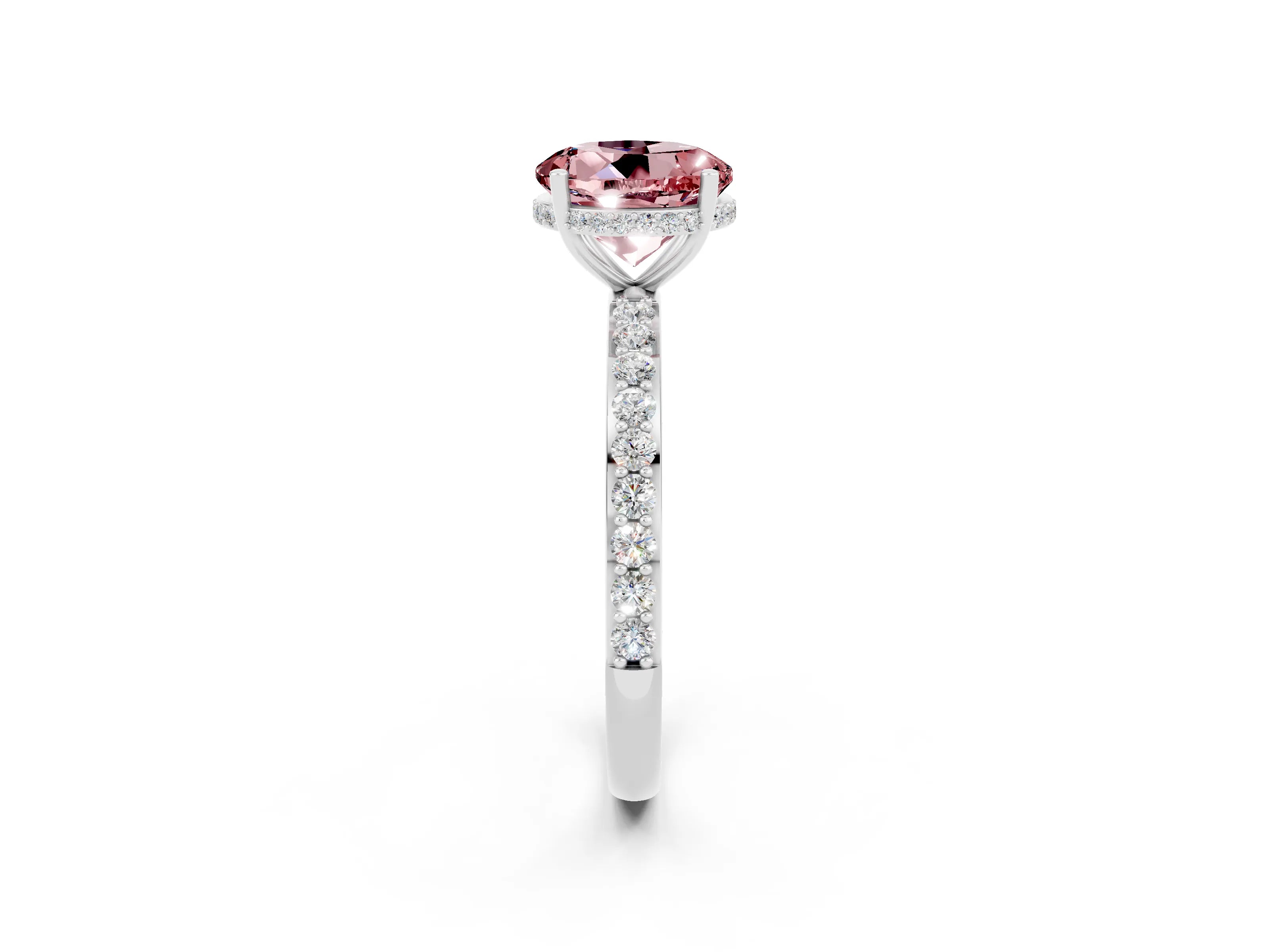 White gold Round Cut Morganite Solitaire Ring with Pavé Band and Hidden Halo_2