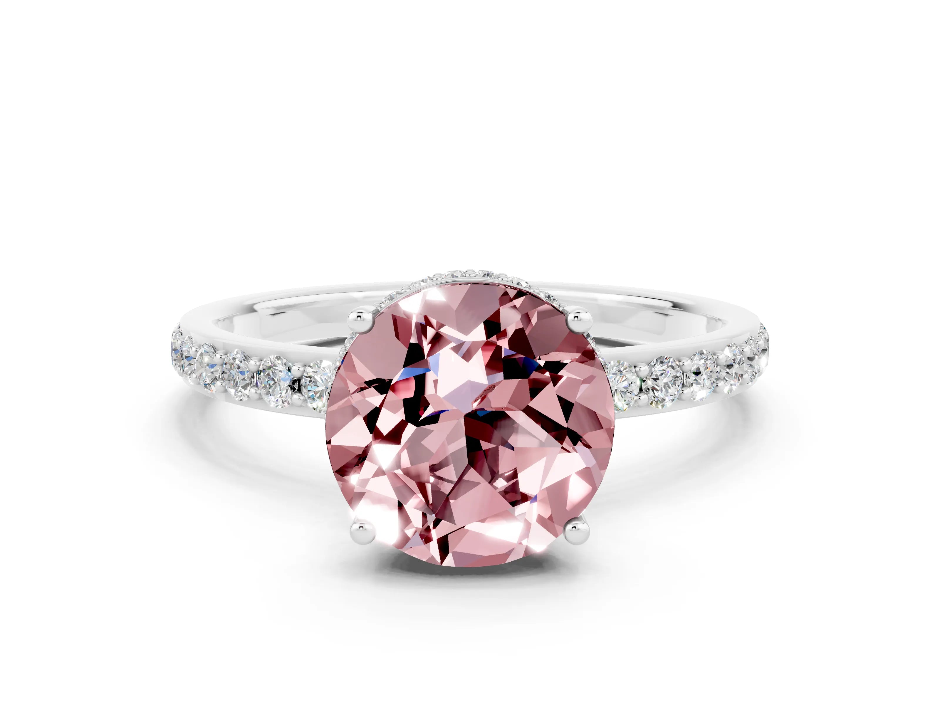 White gold Round Cut Morganite Solitaire Ring with Pavé Band and Hidden Halo_24