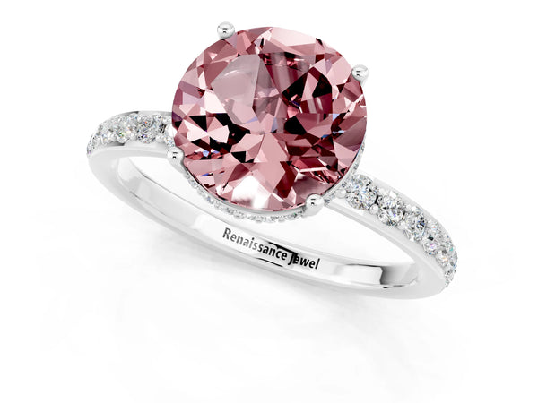 White gold Round Cut Morganite Solitaire Ring with Pavé Band and Hidden Halo