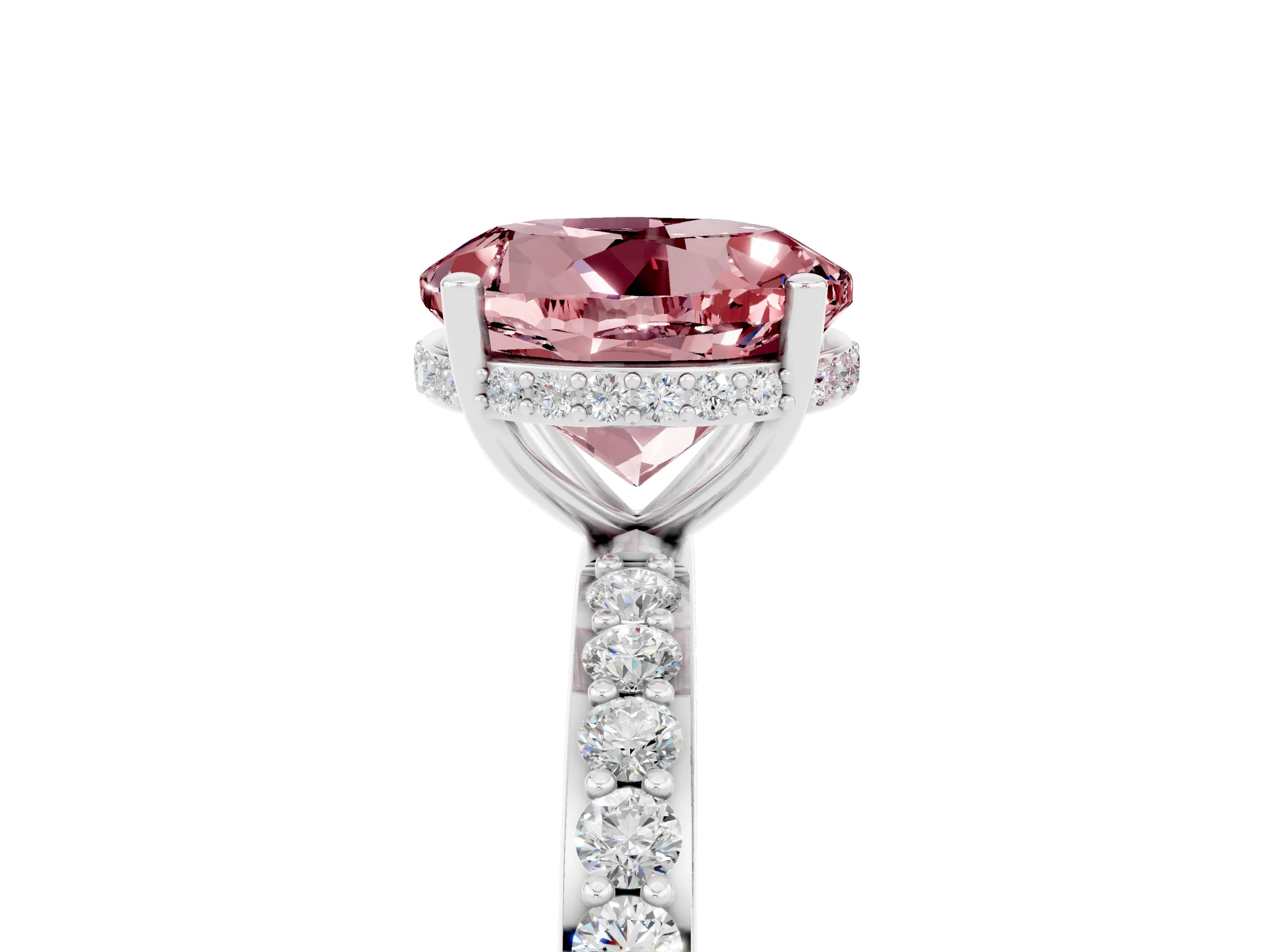 White gold Round Cut Morganite Solitaire Ring with Pavé Band and Hidden Halo_29