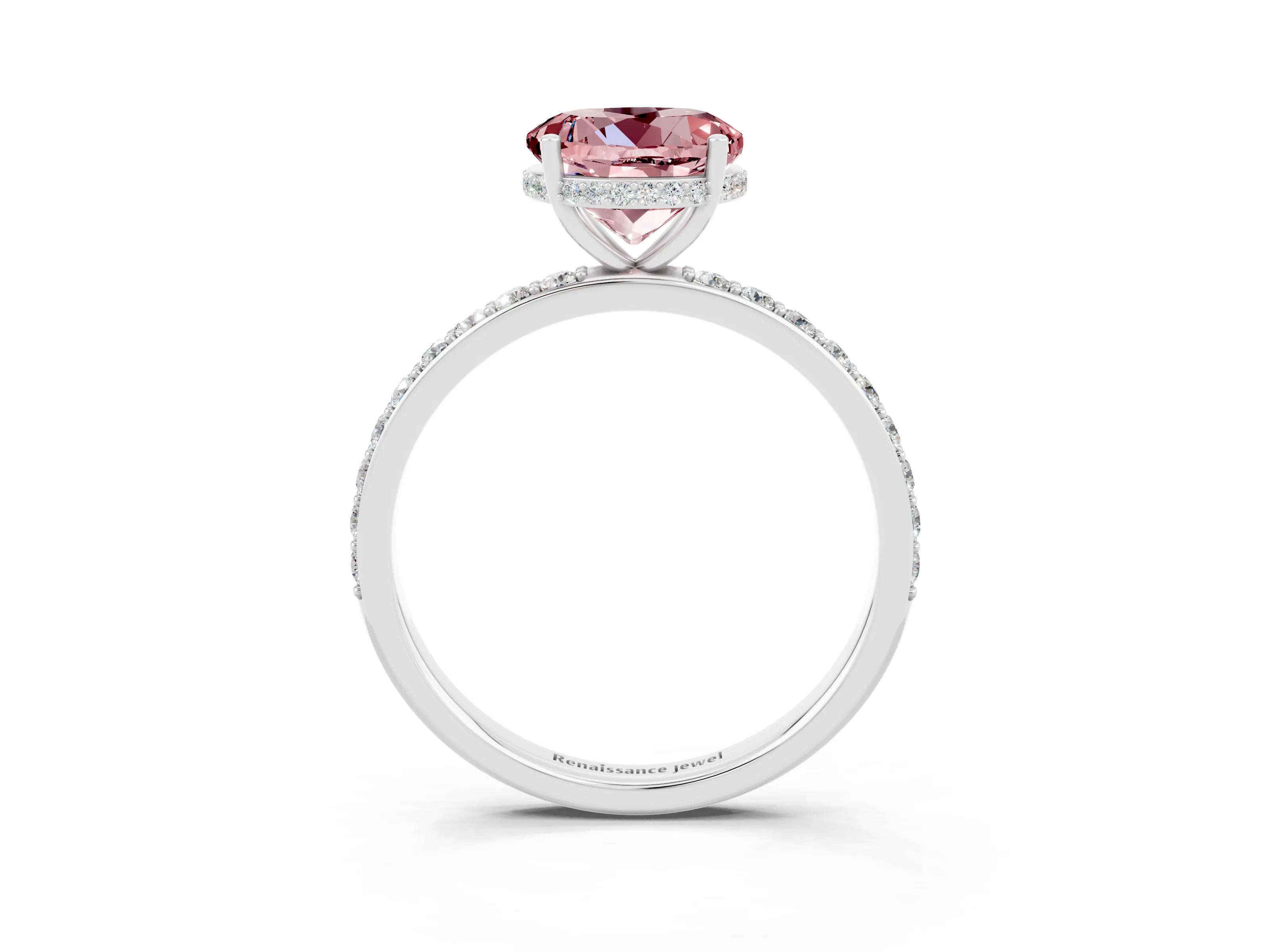 White gold Round Cut Morganite Solitaire Ring with Pavé Band and Hidden Halo_3