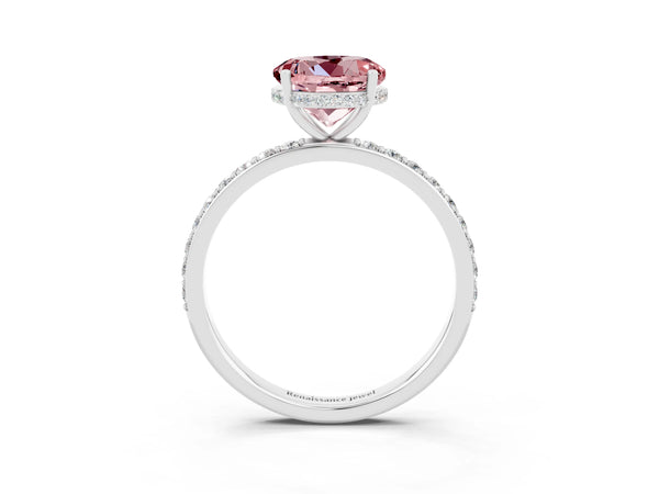 Platinum Round Cut Morganite Solitaire Ring with Pavé Band and Hidden Halo
