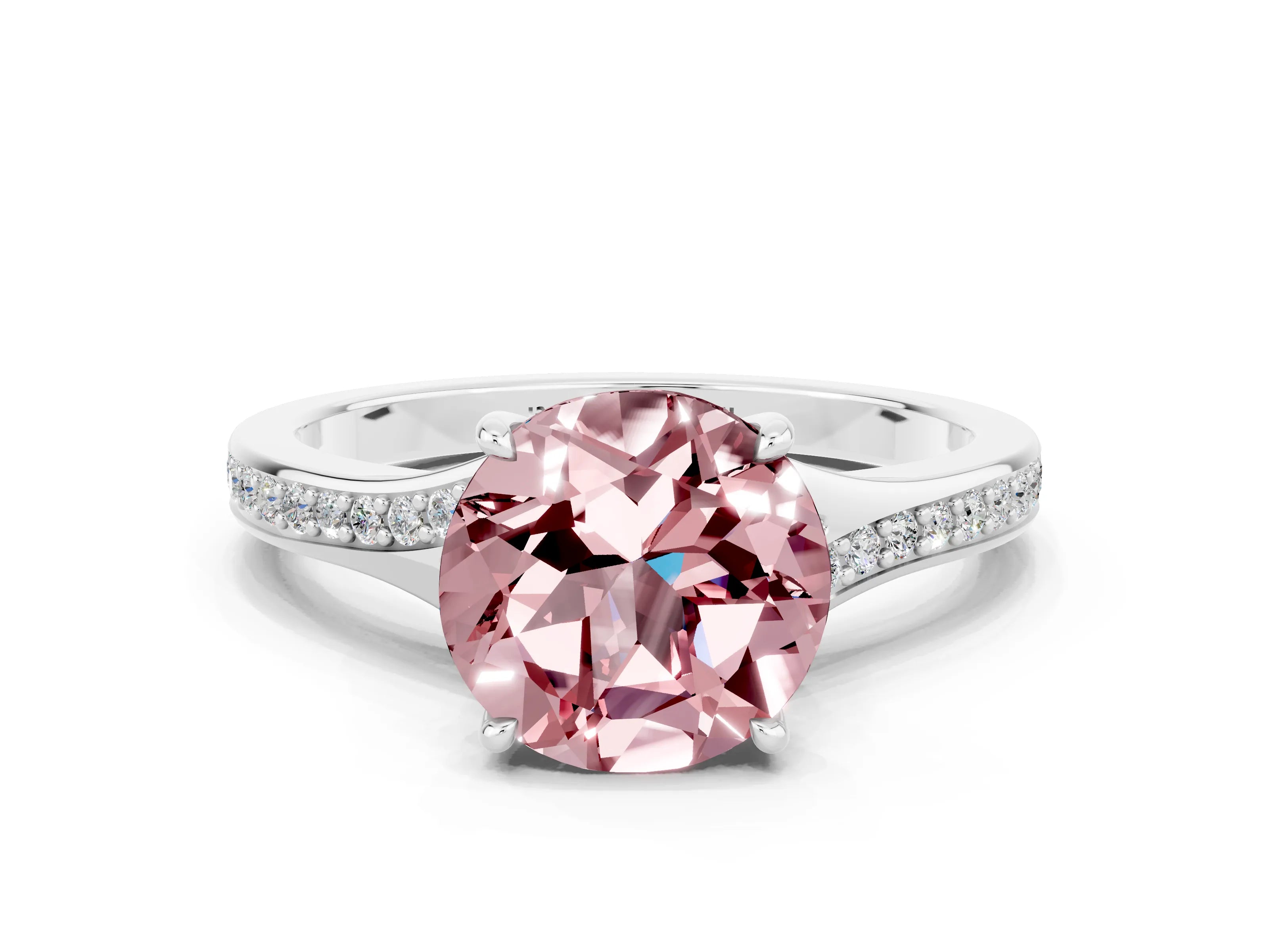 White gold Round Cut Morganite Solitaire Ring with Pavé Band and Prong Setting