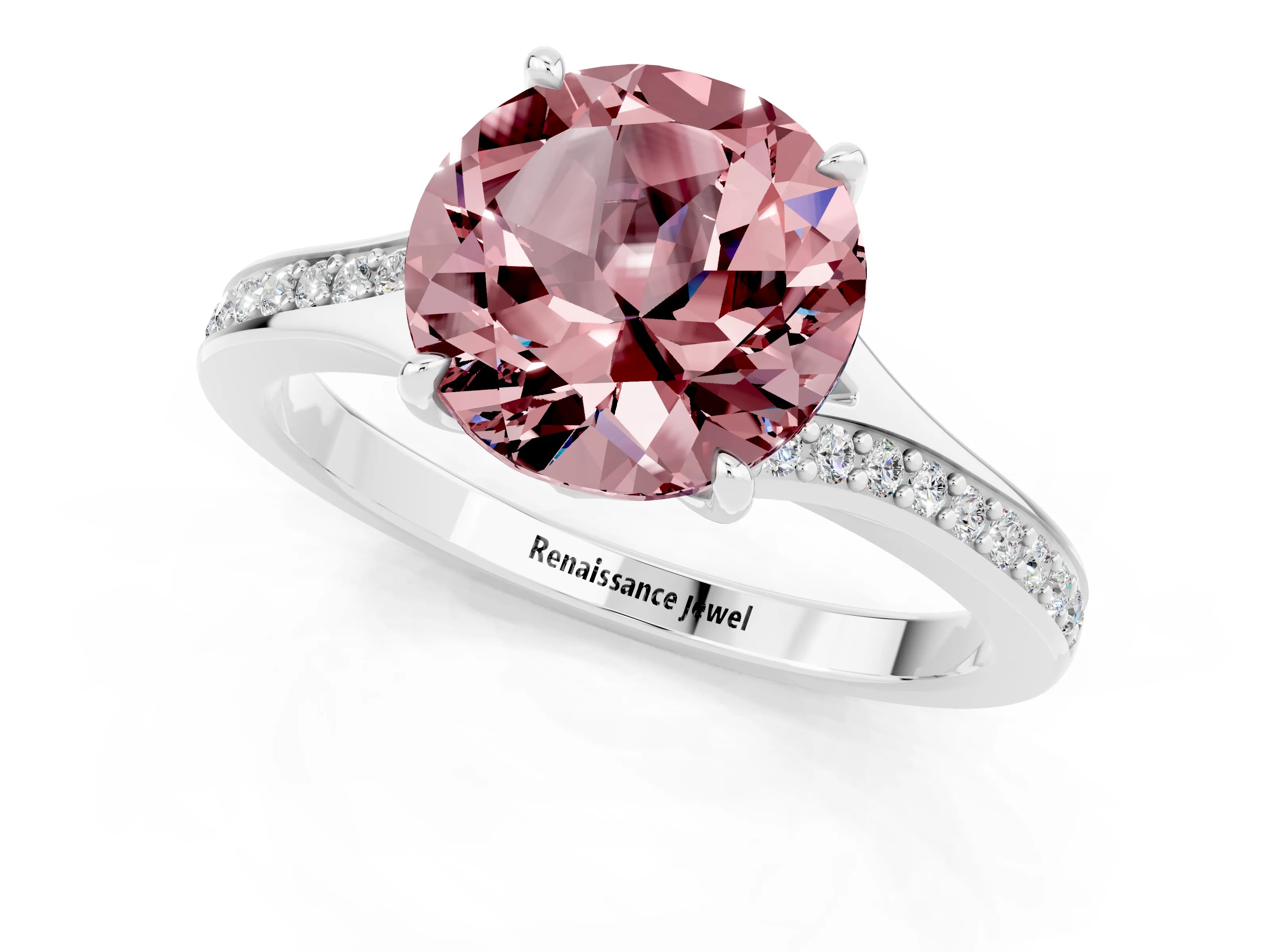 White gold Round Cut Morganite Solitaire Ring with Pavé Band and Prong Setting_1