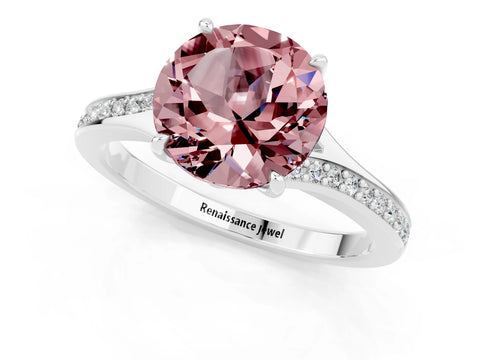 White gold Round Cut Morganite Solitaire Ring with Pavé Band and Prong Setting_1