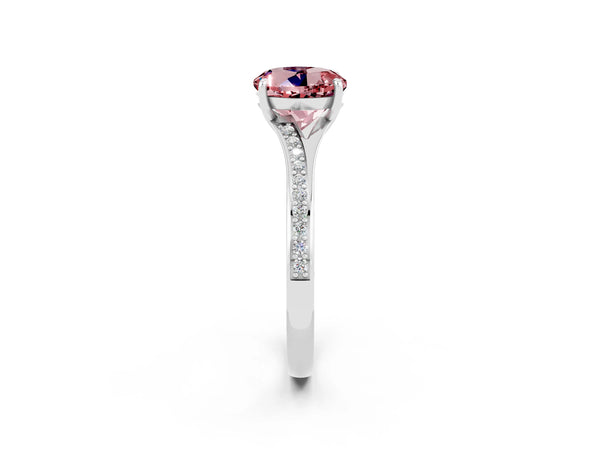 Platinum Round Cut Morganite Solitaire Ring with Pavé Band and Prong Setting