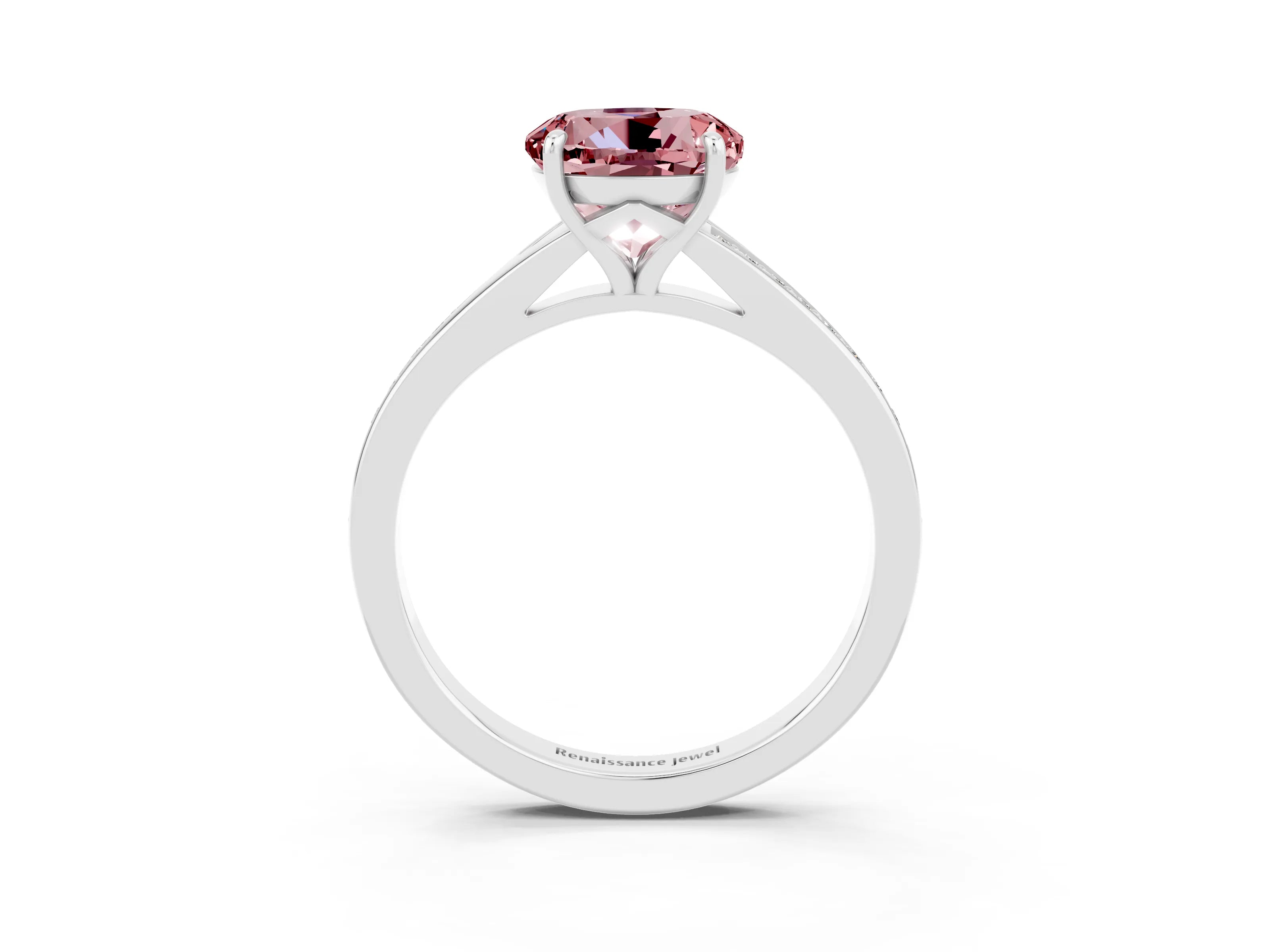 White gold Round Cut Morganite Solitaire Ring with Pavé Band and Prong Setting_3