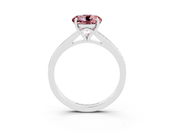 Silver Round Cut Morganite Solitaire Ring with Pavé Band and Prong Setting