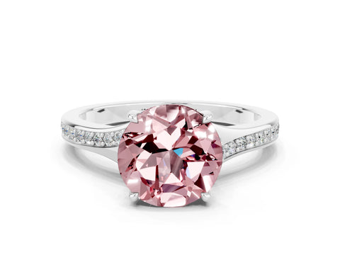 White gold Round Cut Morganite Solitaire Ring with Pavé Band and Prong Setting
