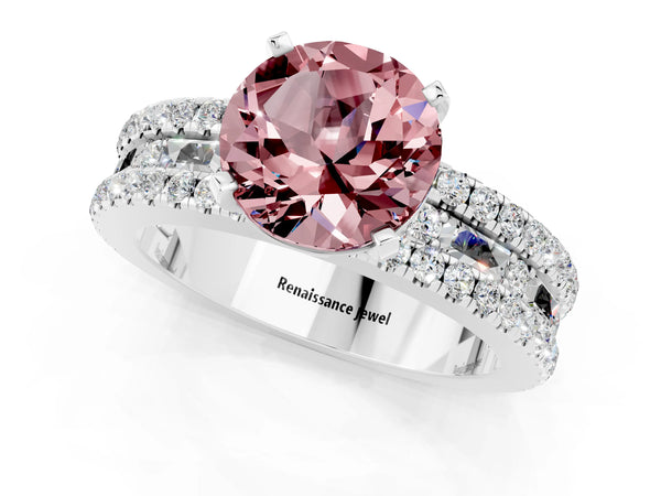 Silver Round Cut Morganite Solitaire Ring with Pavé and Channel Set Band
