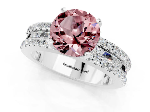 White gold Round Cut Morganite Solitaire Ring with Pavé and Channel Set Band_1