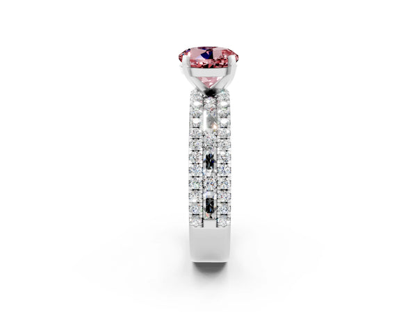 Platinum Round Cut Morganite Solitaire Ring with Pavé and Channel Set Band