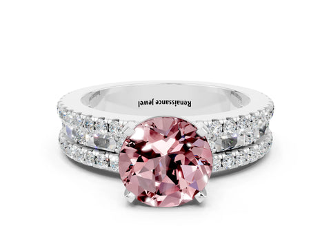White gold Round Cut Morganite Solitaire Ring with Pavé and Channel Set Band