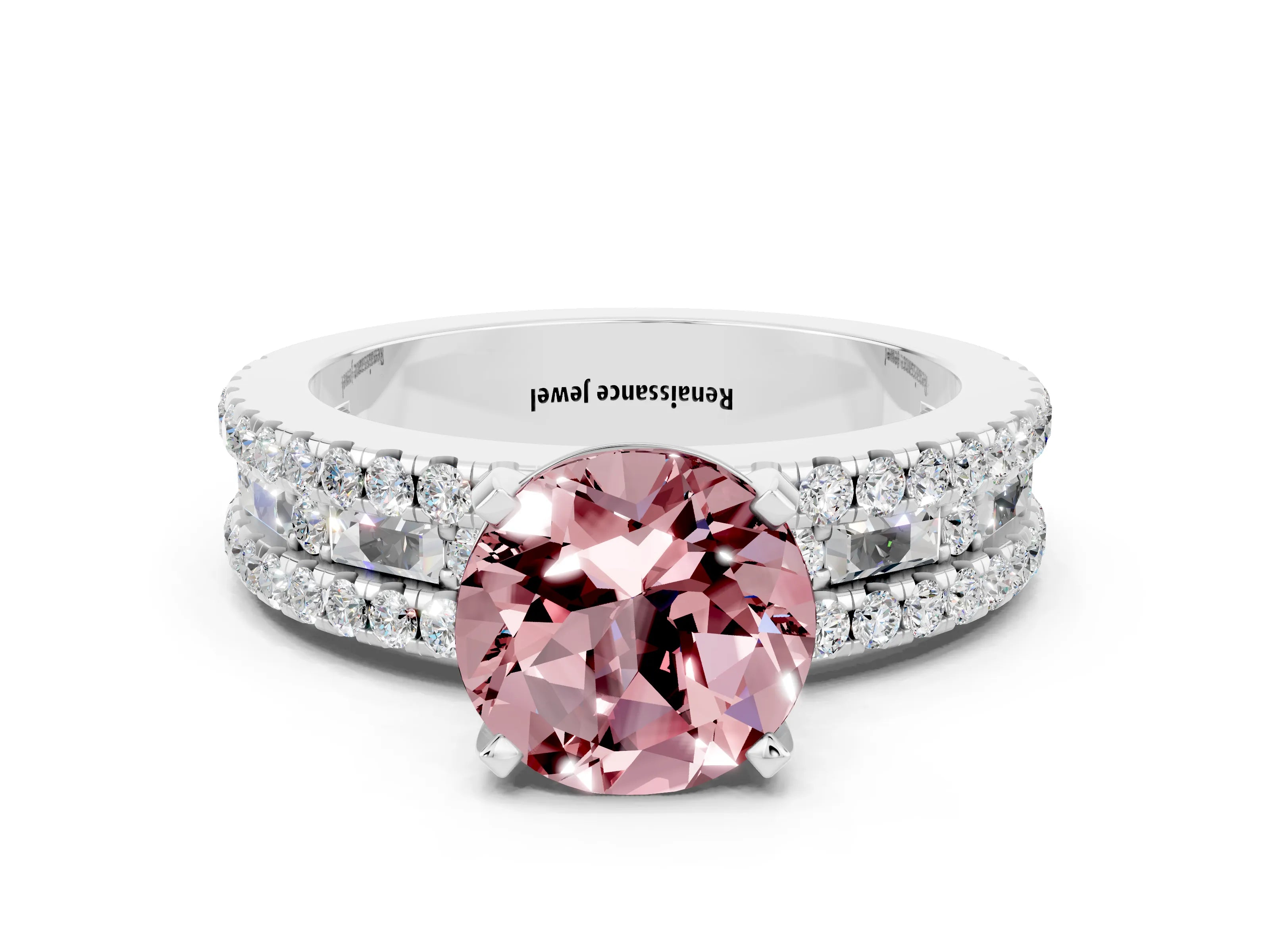 White gold Round Cut Morganite Solitaire Ring with Pavé and Channel Set Band