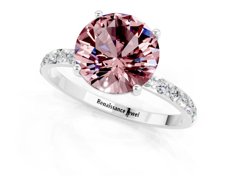 White gold Round Cut Morganite Solitaire Ring with Pave Band and Four Prong Setting_25