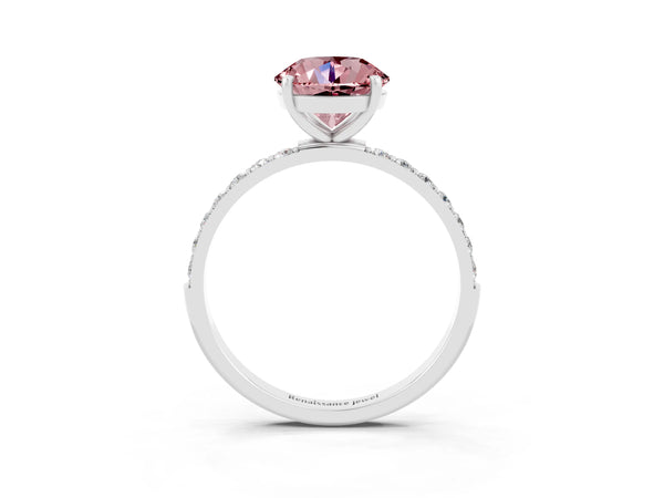 Platinum Round Cut Morganite Solitaire Ring with Round  Pavé Band and Prong Setting