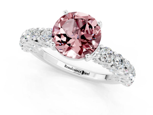 Platinum Round Cut Morganite Solitaire Ring with Shared Prong Pavé Band and Four-Prong Setting
