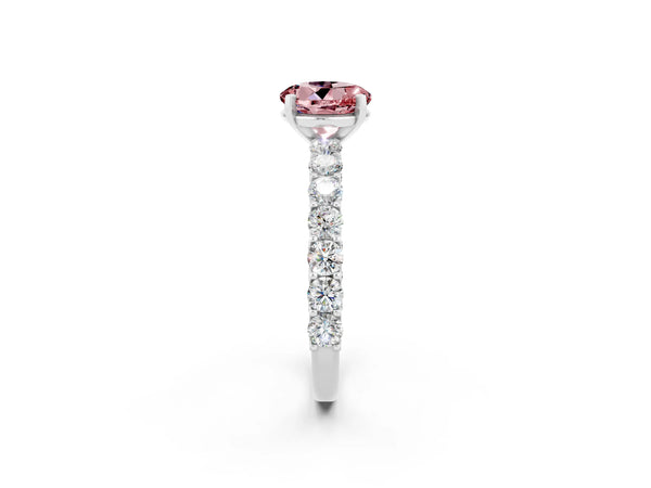 Silver Round Cut Morganite Solitaire Ring with Shared Prong Pavé Band and Four-Prong Setting