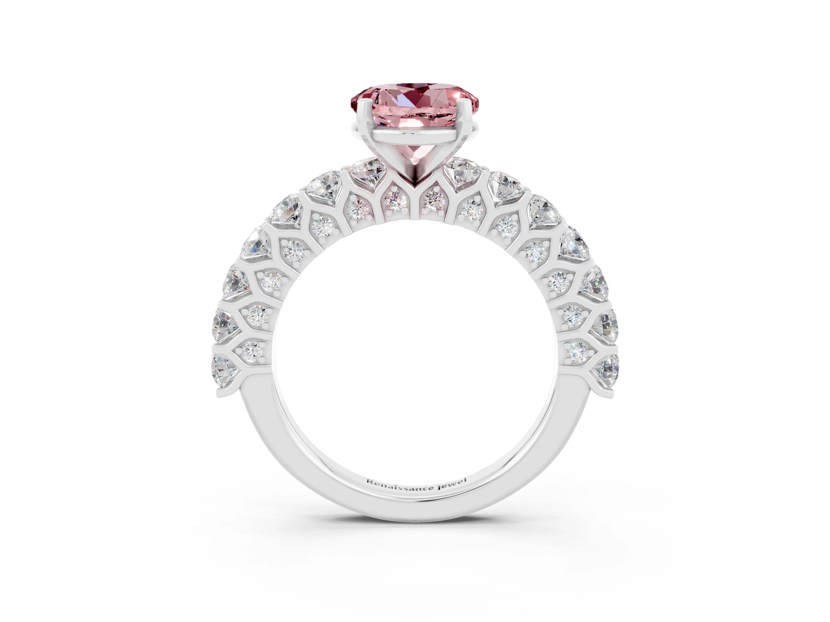 White gold Round Cut Morganite Solitaire Ring with Shared Prong Pavé Band and Four-Prong Setting_3