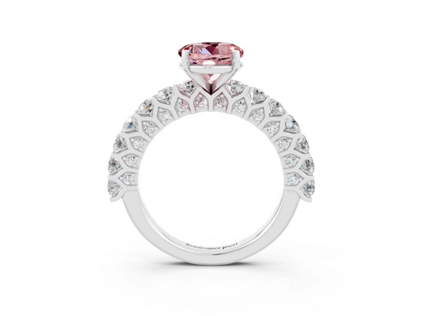 Silver Round Cut Morganite Solitaire Ring with Shared Prong Pavé Band and Four-Prong Setting