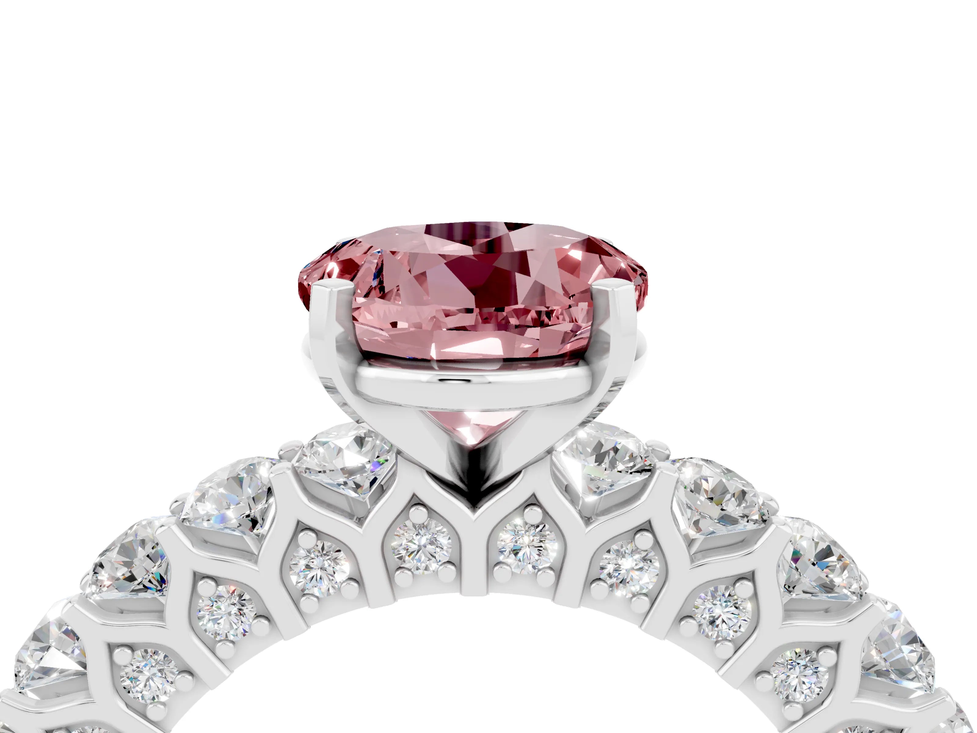 White gold Round Cut Morganite Solitaire Ring with Shared Prong Pavé Band and Four-Prong Setting_4