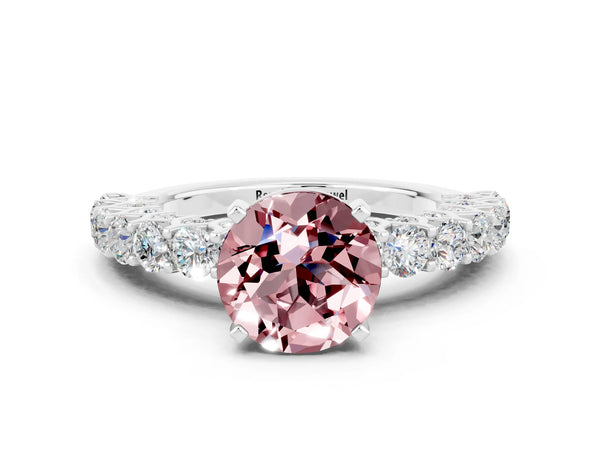 Silver Round Cut Morganite Solitaire Ring with Shared Prong Pavé Band and Four-Prong Setting