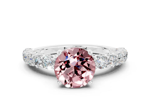 White gold Round Cut Morganite Solitaire Ring with Shared Prong Pavé Band and Four-Prong Setting