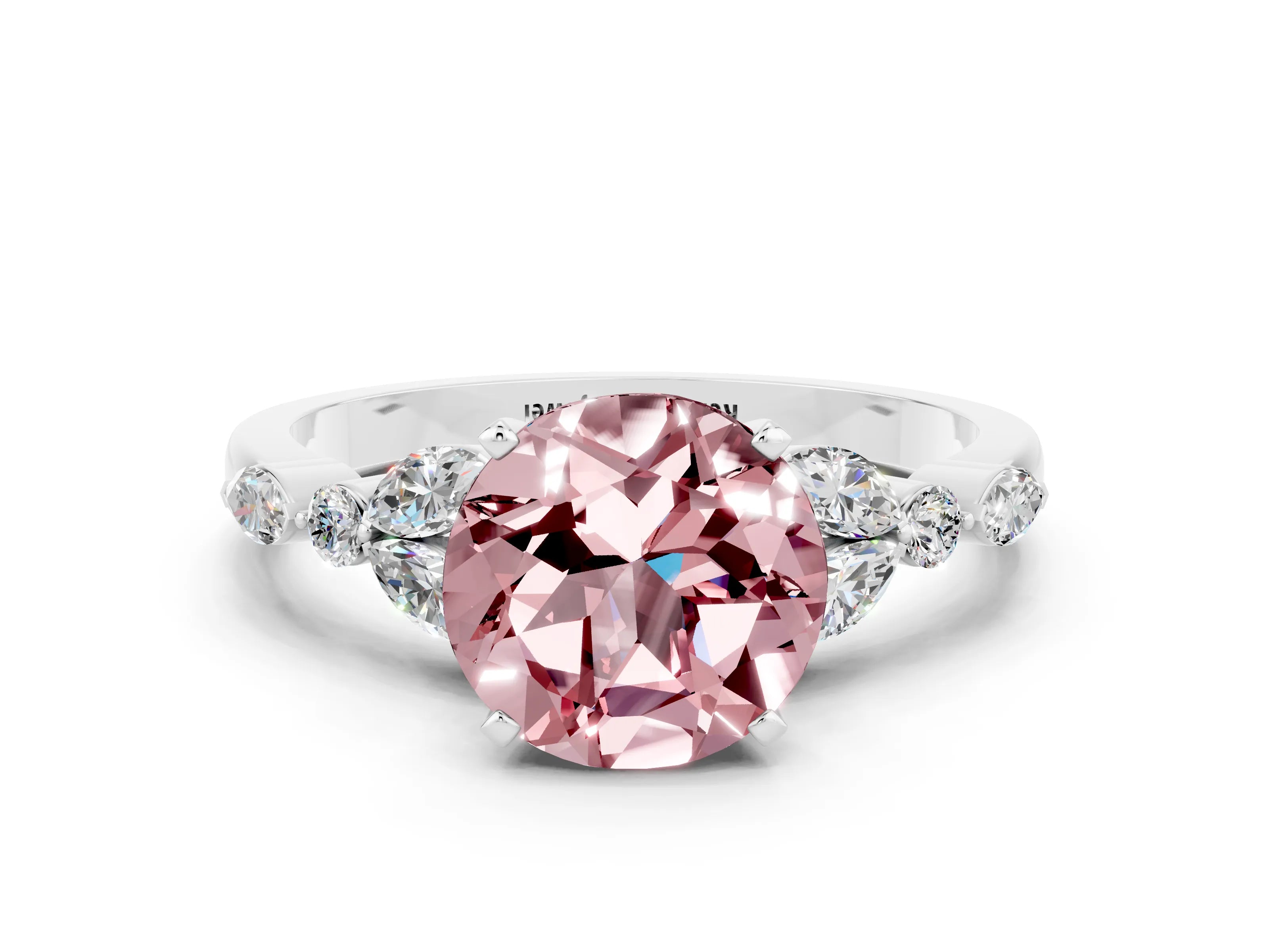 White gold Round Cut Morganite Solitaire Ring with Side Stones and Four-Prong Setting_12