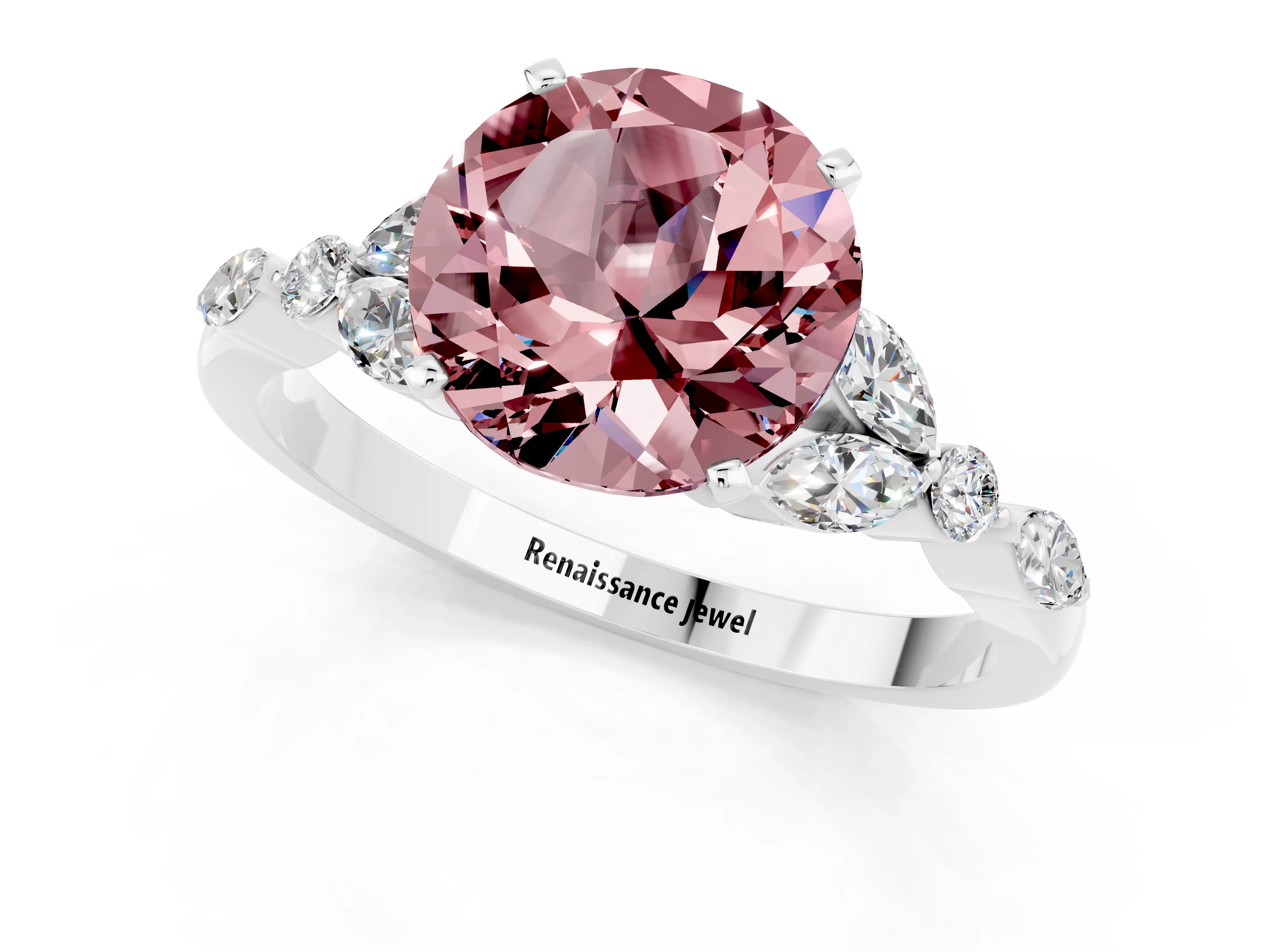 White gold Round Cut Morganite Solitaire Ring with Side Stones and Four-Prong Setting_25
