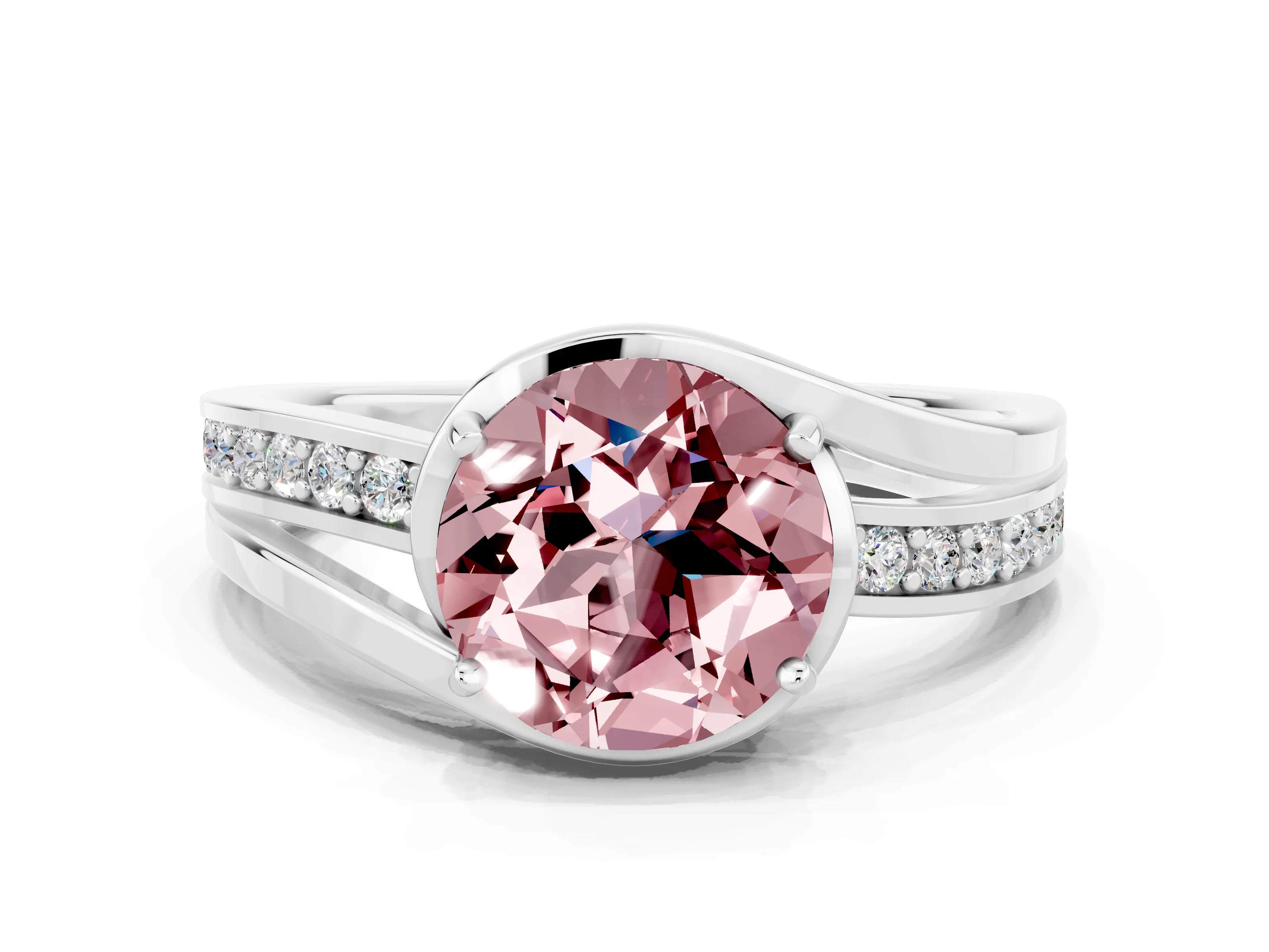 White gold Round Cut Morganite Solitaire Ring with Split Shank and Prong Setting