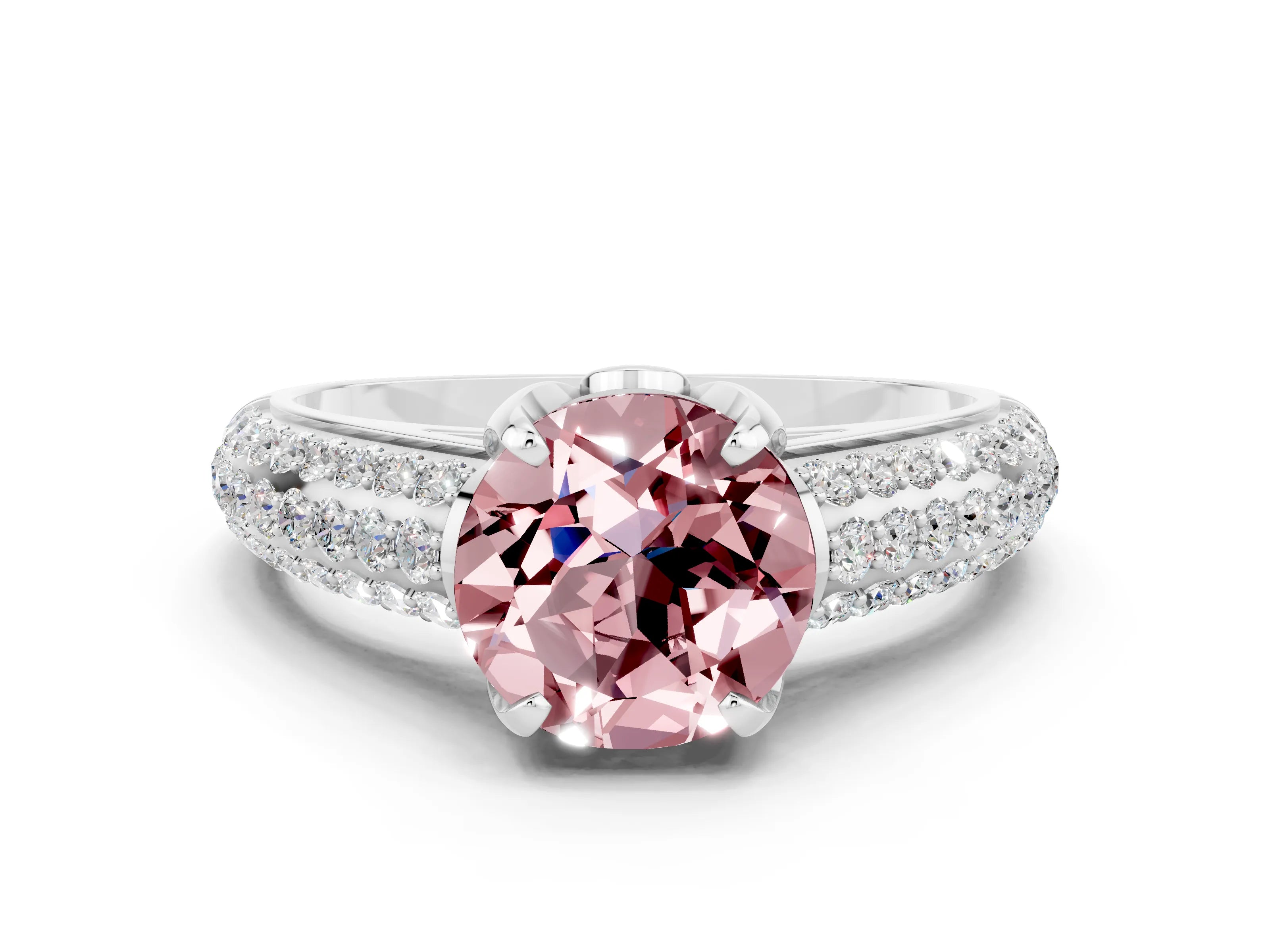 White gold Round Cut Morganite Solitaire Ring with Three-Row Pavé Band and Four-Prong Setting_12