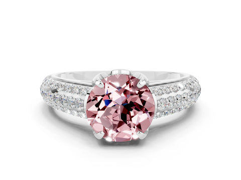 White gold Round Cut Morganite Solitaire Ring with Three-Row Pavé Band and Four-Prong Setting_12