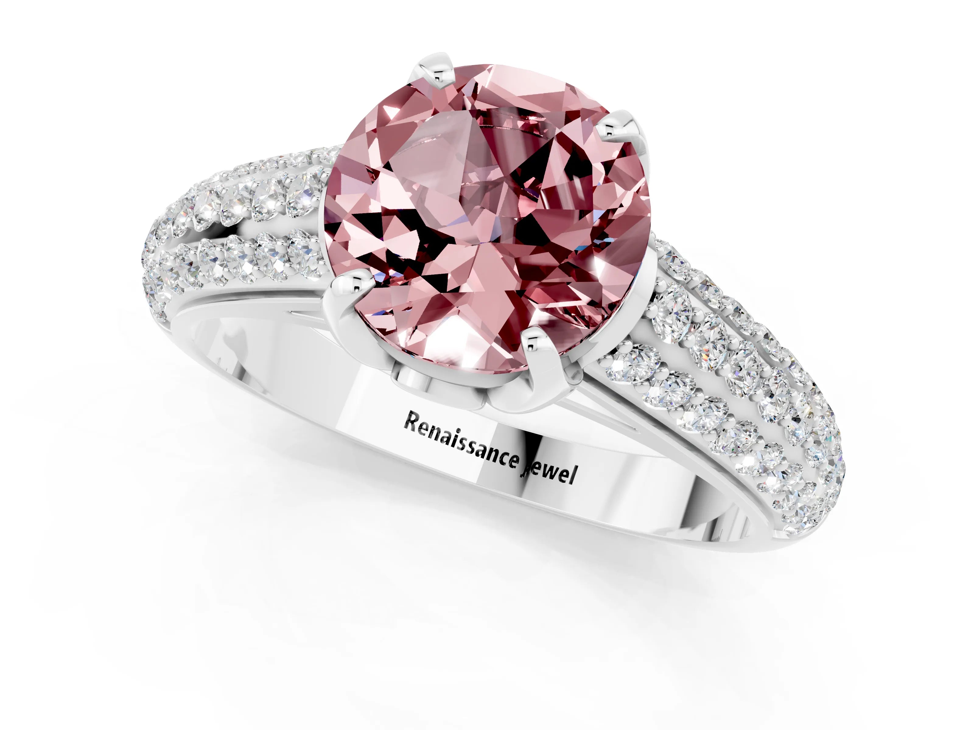 White gold Round Cut Morganite Solitaire Ring with Three-Row Pavé Band and Four-Prong Setting_13