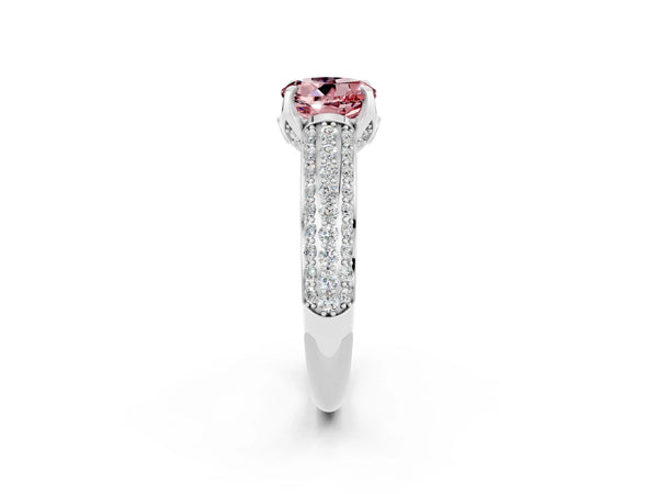 Silver Round Cut Morganite Solitaire Ring with Three-Row Pavé Band and Four-Prong Setting