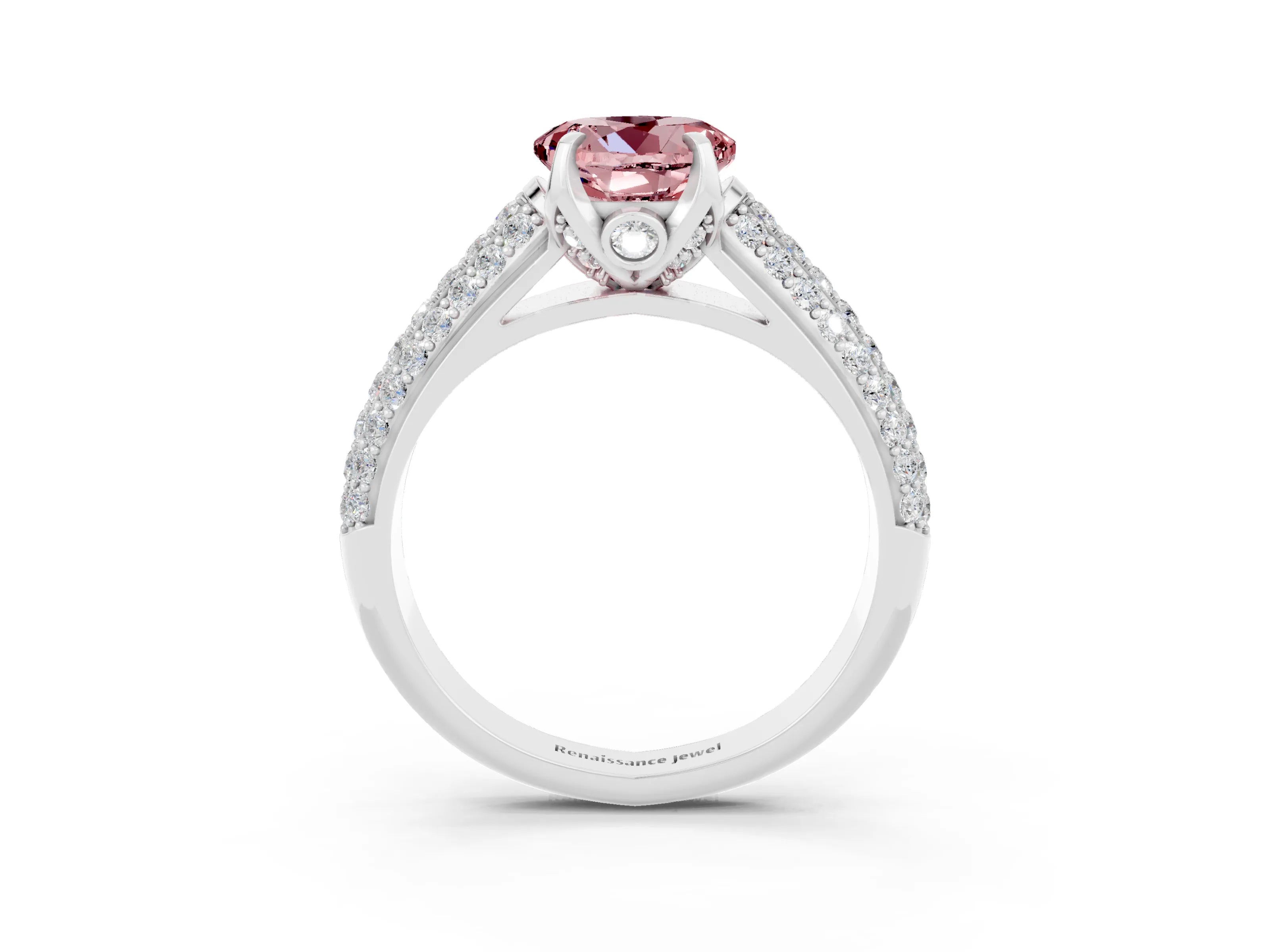 White gold Round Cut Morganite Solitaire Ring with Three-Row Pavé Band and Four-Prong Setting_15
