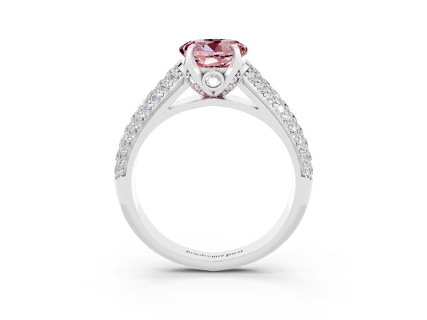 Silver Round Cut Morganite Solitaire Ring with Three-Row Pavé Band and Four-Prong Setting