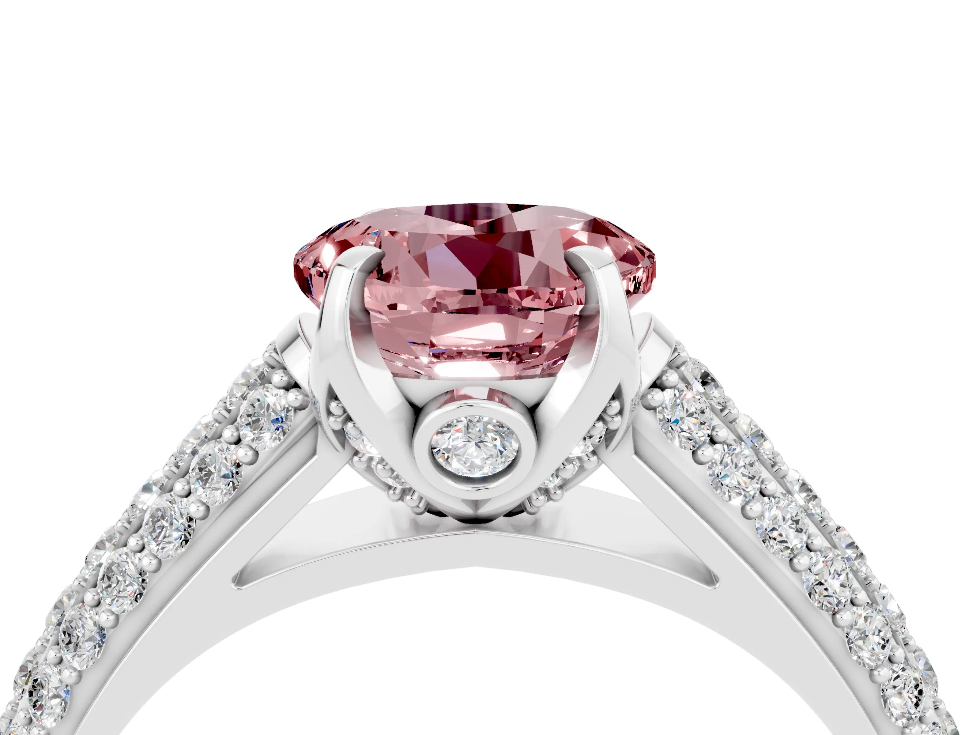 White gold Round Cut Morganite Solitaire Ring with Three-Row Pavé Band and Four-Prong Setting_16