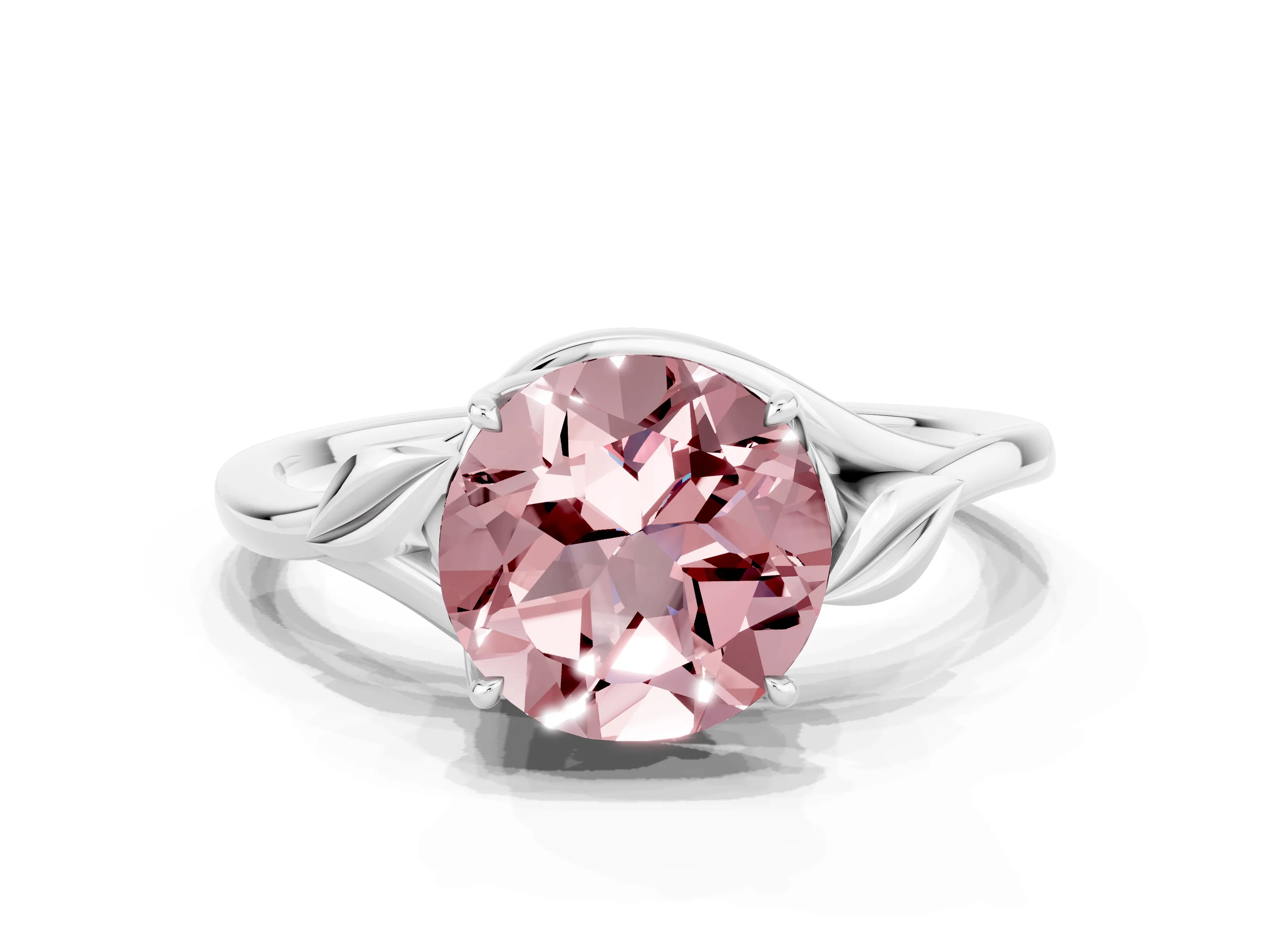 White gold Round Cut Morganite Solitaire Ring with Twist Band and Four-Prong Setting_12