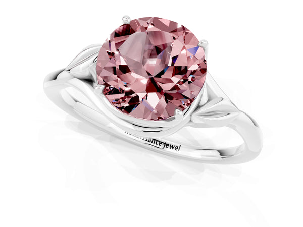 Platinum Round Cut Morganite Solitaire Ring with Twist Band and Four-Prong Setting