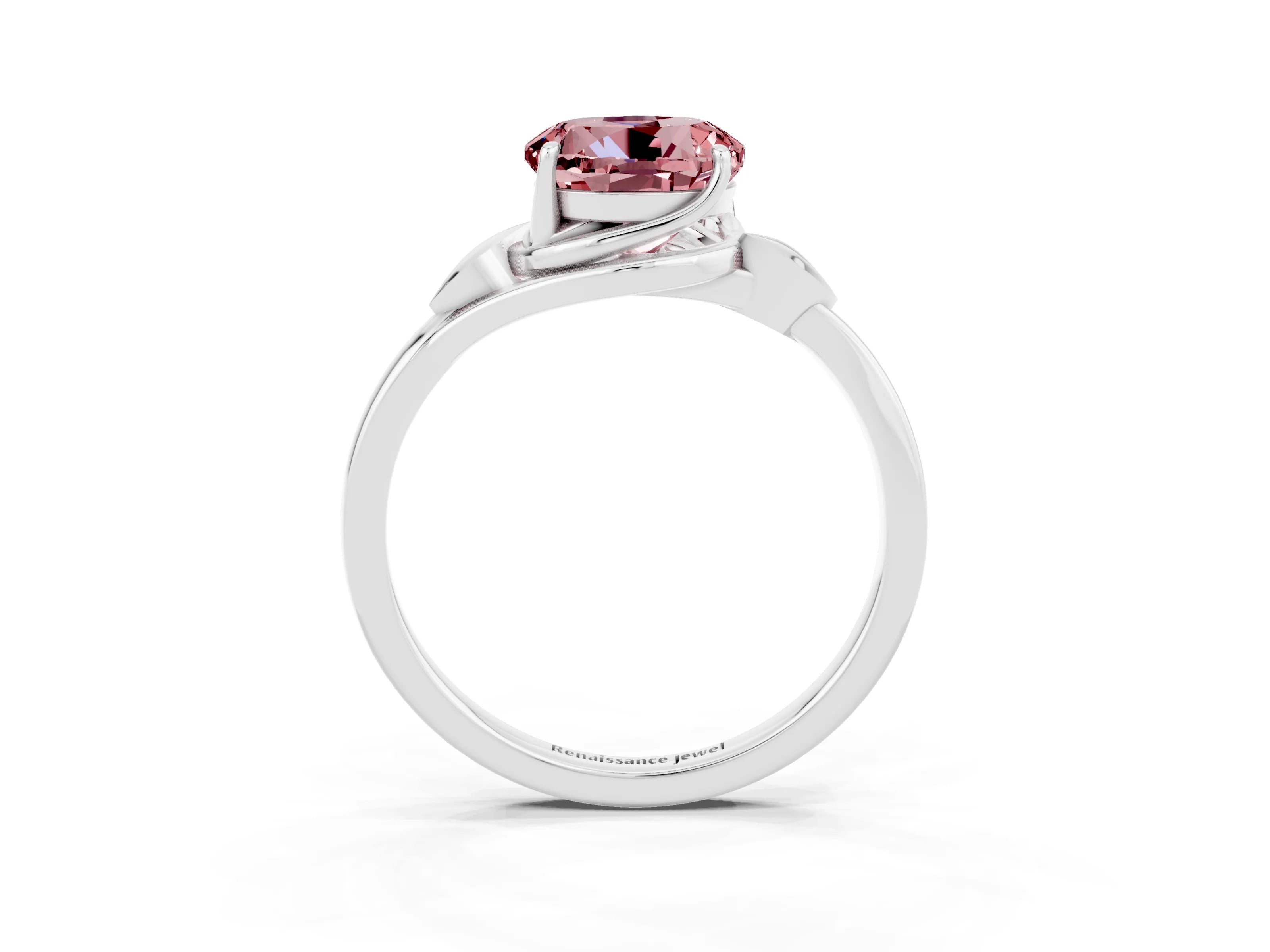 White gold Round Cut Morganite Solitaire Ring with Twist Band and Four-Prong Setting_15