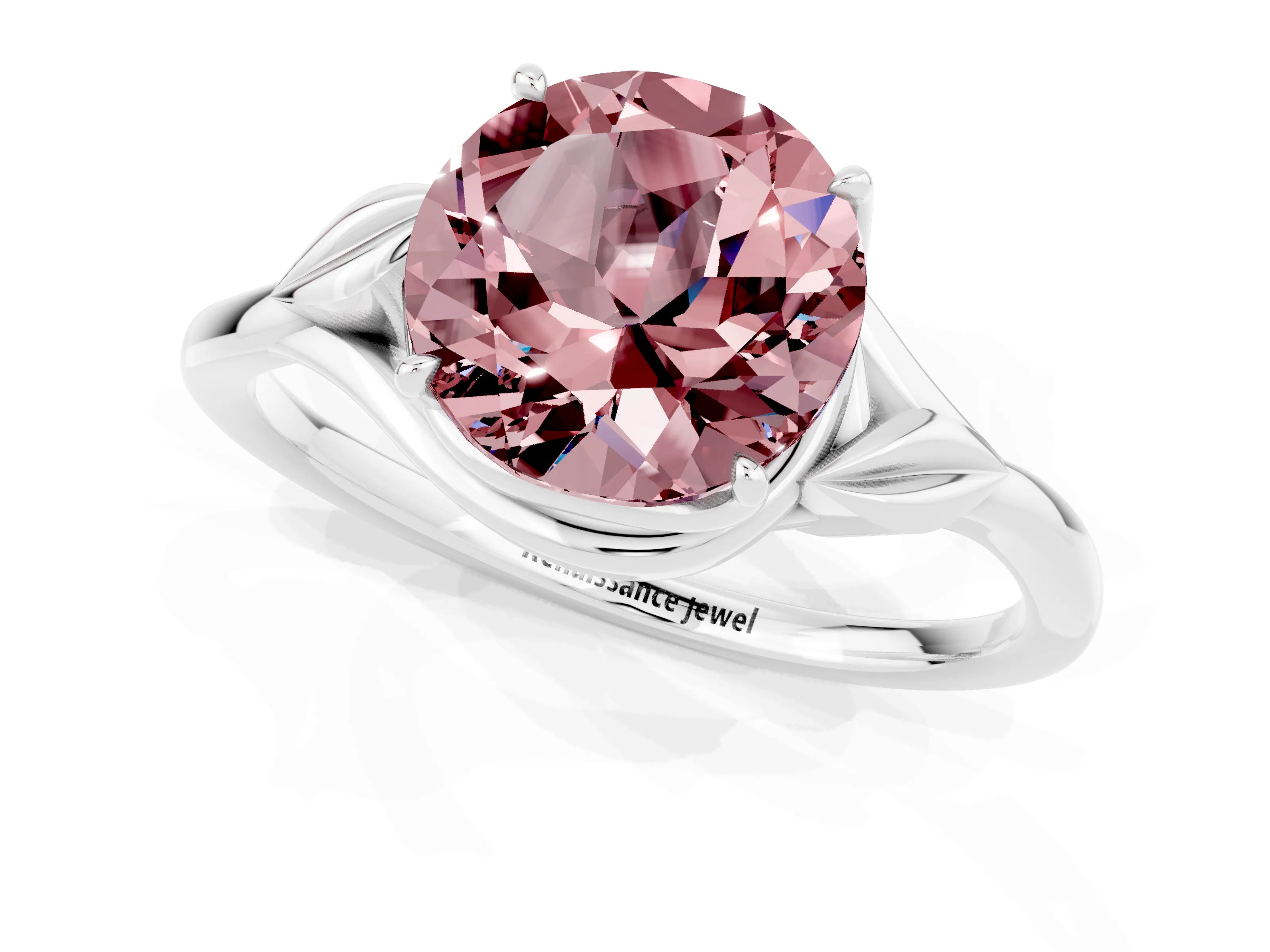 White gold Round Cut Morganite Solitaire Ring with Twist Band and Four-Prong Setting_37