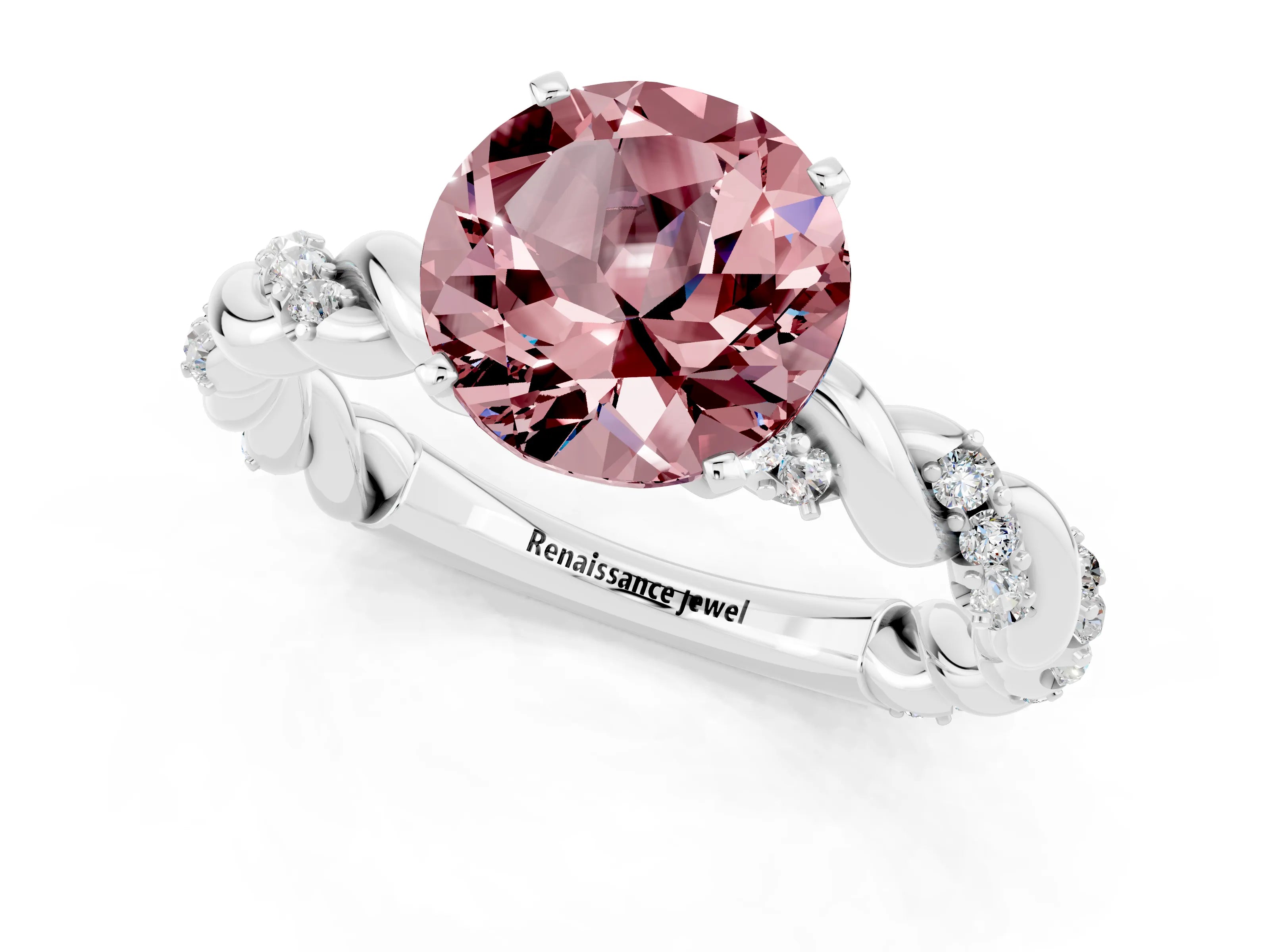 White gold Round Cut Morganite Solitaire Ring with Twisted Band and Pavé Accents_1
