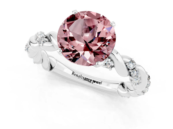 White gold Round Cut Morganite Solitaire Ring with Twisted Band and Pavé Accents